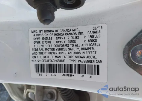 2016 Honda Civic Touring из США, поврежденный, VIN 2HGFC1F96GH638189